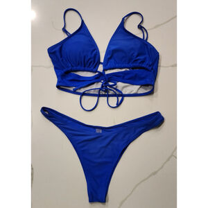 Sexy Royal Blue Swim Criss Cross Bikini Top High Cheeky Bottom Set Women's L